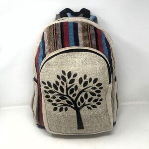 Beautiful Colorful Strip Large Pure Hemp Multi Pocket Backpack with Tree of Life